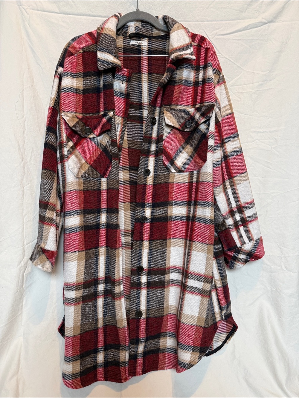 Maurices Long Length Red Plaid Shacket with Brown and White Accents